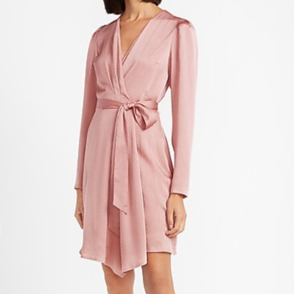 Pink Express Puff sleeve wrap tie dress- size S
